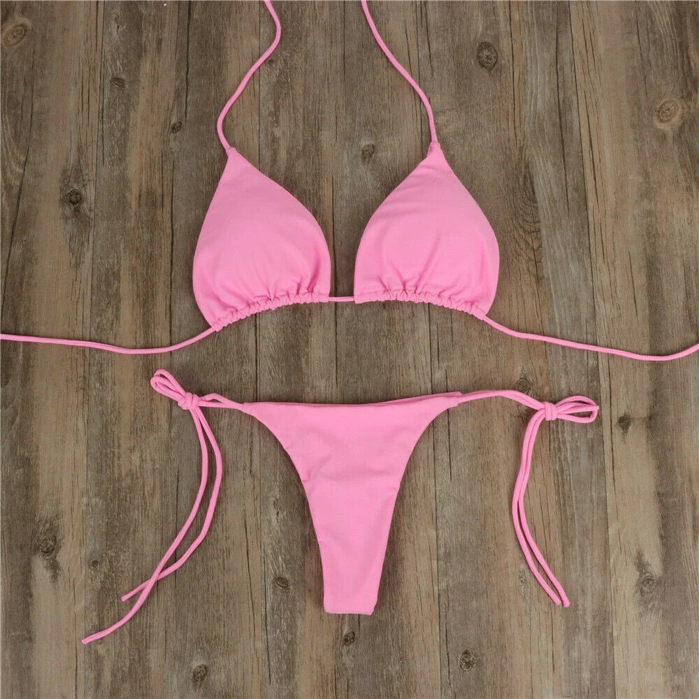 Women Thong Bikini Set Side Tie Sexy Swimsuit Bandage Style Brazilian Swimwear Woman Clothing Red/Blue/Black/White/Wine Red/Pink