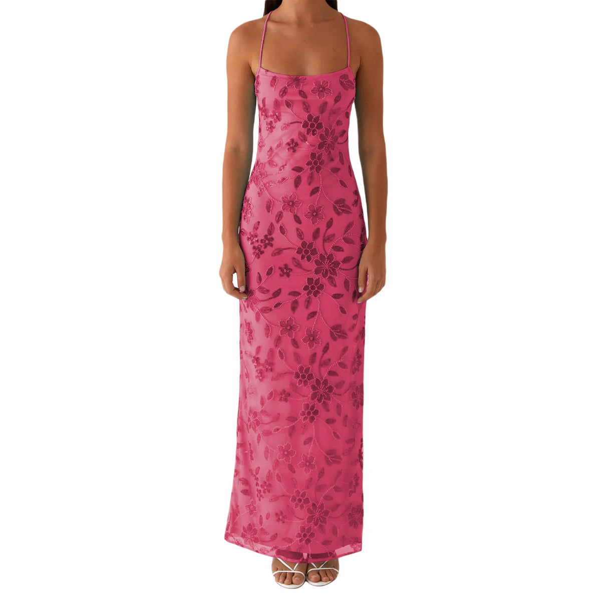 Women Summer Glitter Sequin Beaded Flower Cami Dress Slim High Split Spaghetti Strap Open Back Long Dresses for Party Club