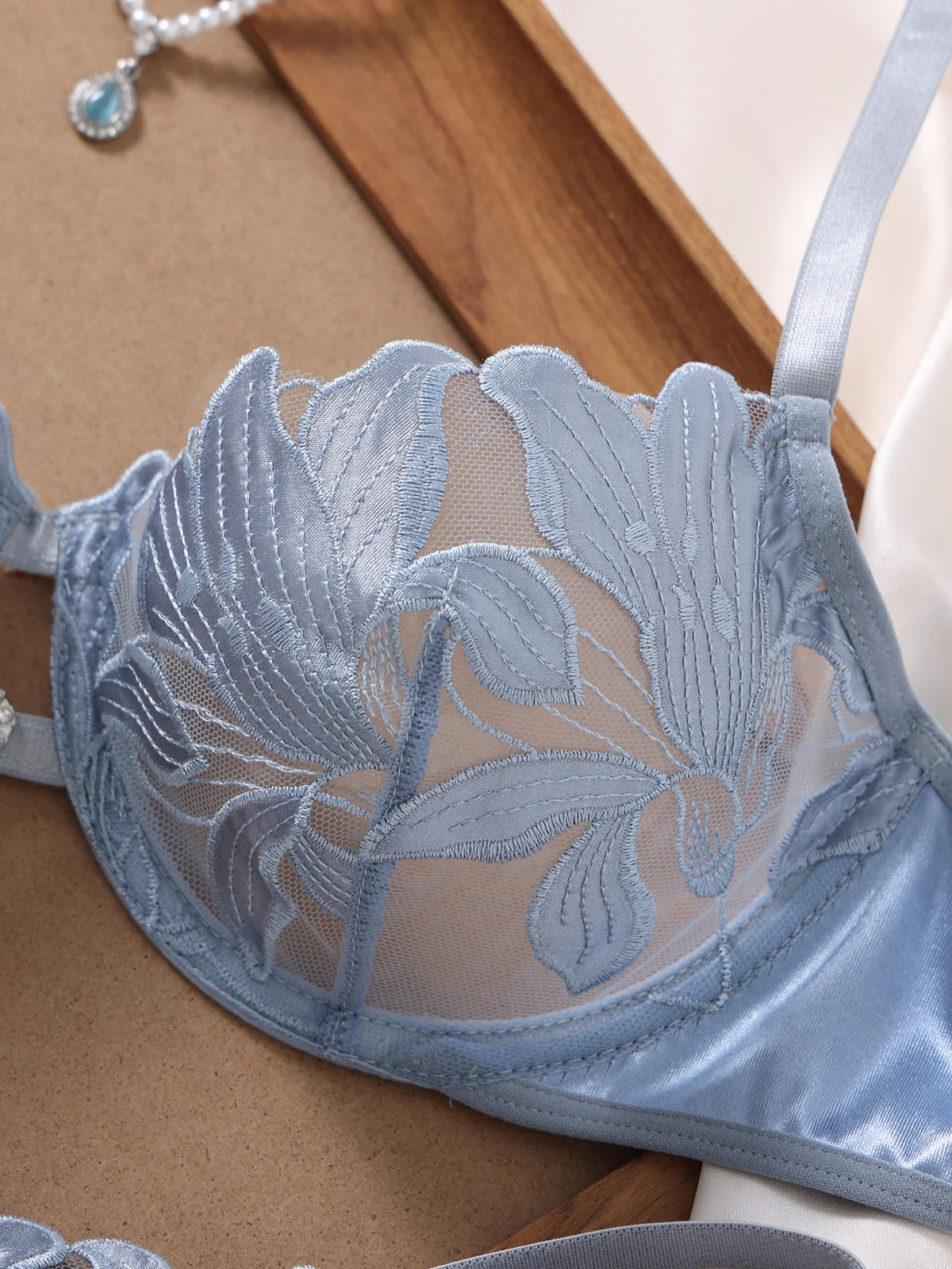 Light Blue Leaf Embroidery Lingerie Set Women Sheer Mesh Push Up Bra And Thong 2 Piece Sexy Transparent Lace Underwear ZA824031