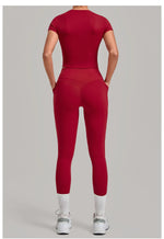 Women Tracksuit Yoga Sets Short Sleeve Slim Sports T Shirts Workout Clothes Outdoor Tight High Waist Pocket Pants Fitness Suits