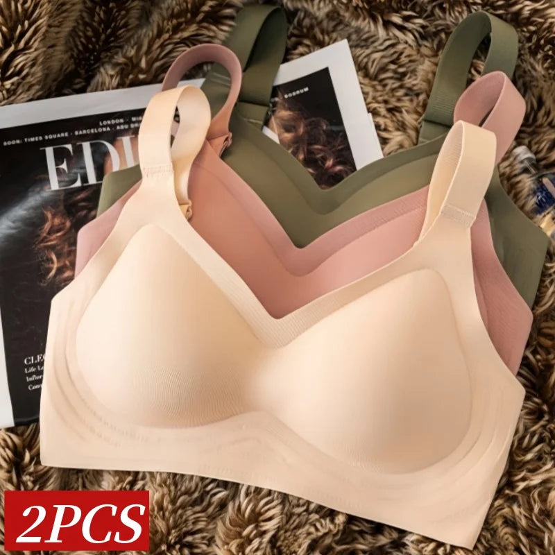 2Pcs/Set Women V-Neck Wireless Bra Smooth Invisible Mold Bralette One-Piece Seamless Support Bras Wide Strap Lingerie M-3XL