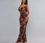 Folds Print Spaghetti Strap Slim Long Dresses Women Fashion Sexy Low Cut Package Hip Bodycon Party Dress Trendy Streetwear New