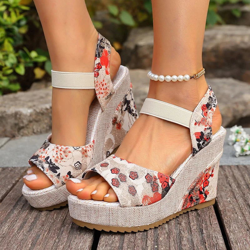 Bohemian Floral Printed Wedge Heel Sandals Women Summer Slip On Chunky Platform Sandles Woman Elastic Strap High Heels Sandals