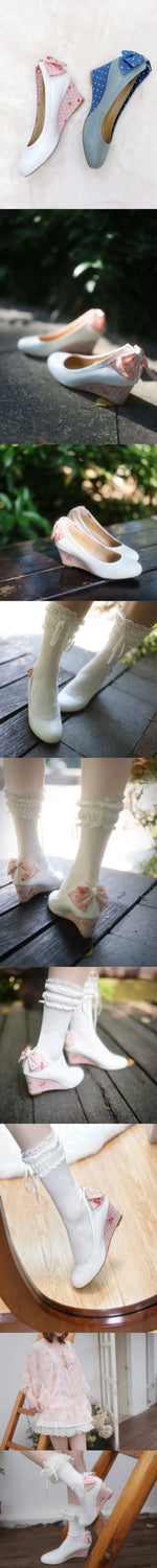 New High Heel Lolita Wedge Pumps Daily Floral Polka Dot Print Sweet Vintage Dress Heels Bow Tie Tea Party Cosplay Wedding Shoes