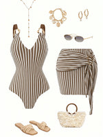 Vintage Black Striped Swimwear Skirts Set Women 2026 Metal Buckle Strap V Neck Slimming Bathing Suit Holiday One Piece Swimsuit