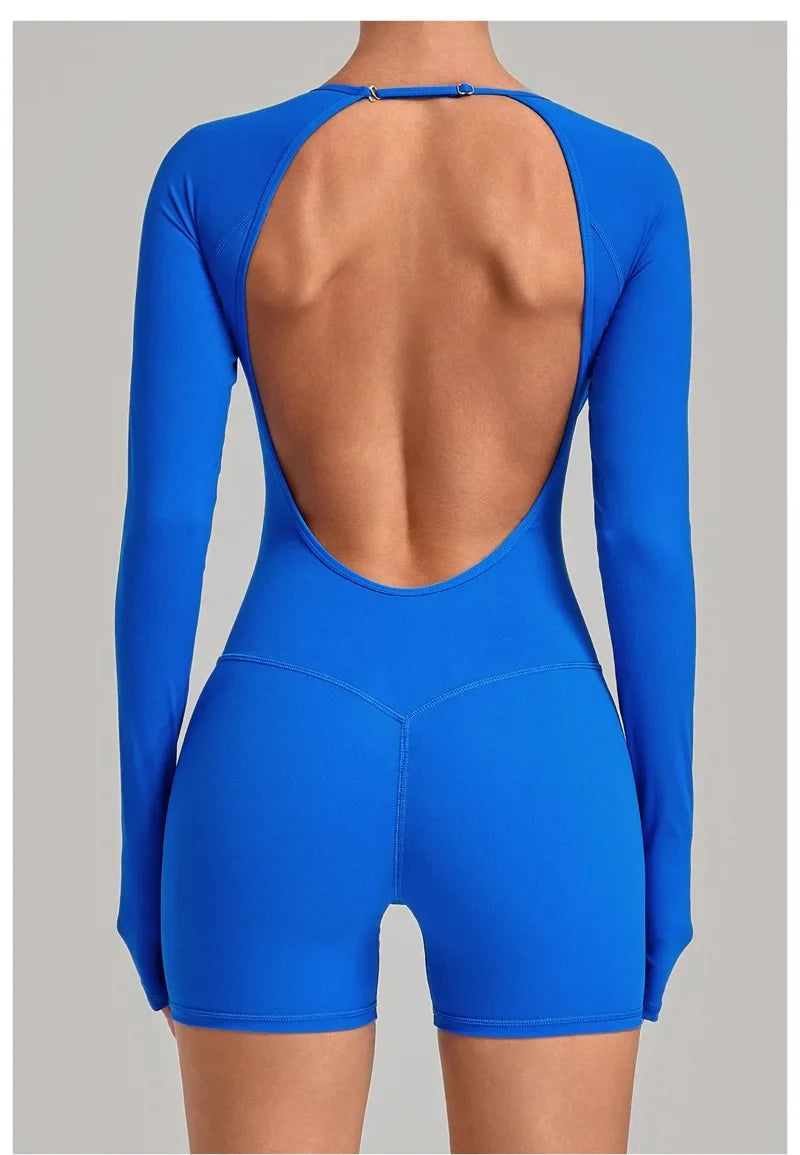 Women's Yoga Jumpsuits Sports Fitness Hip-lifting Long-sleeved Backless Running Training Workout Gym Shorts One-piece Bodysuits