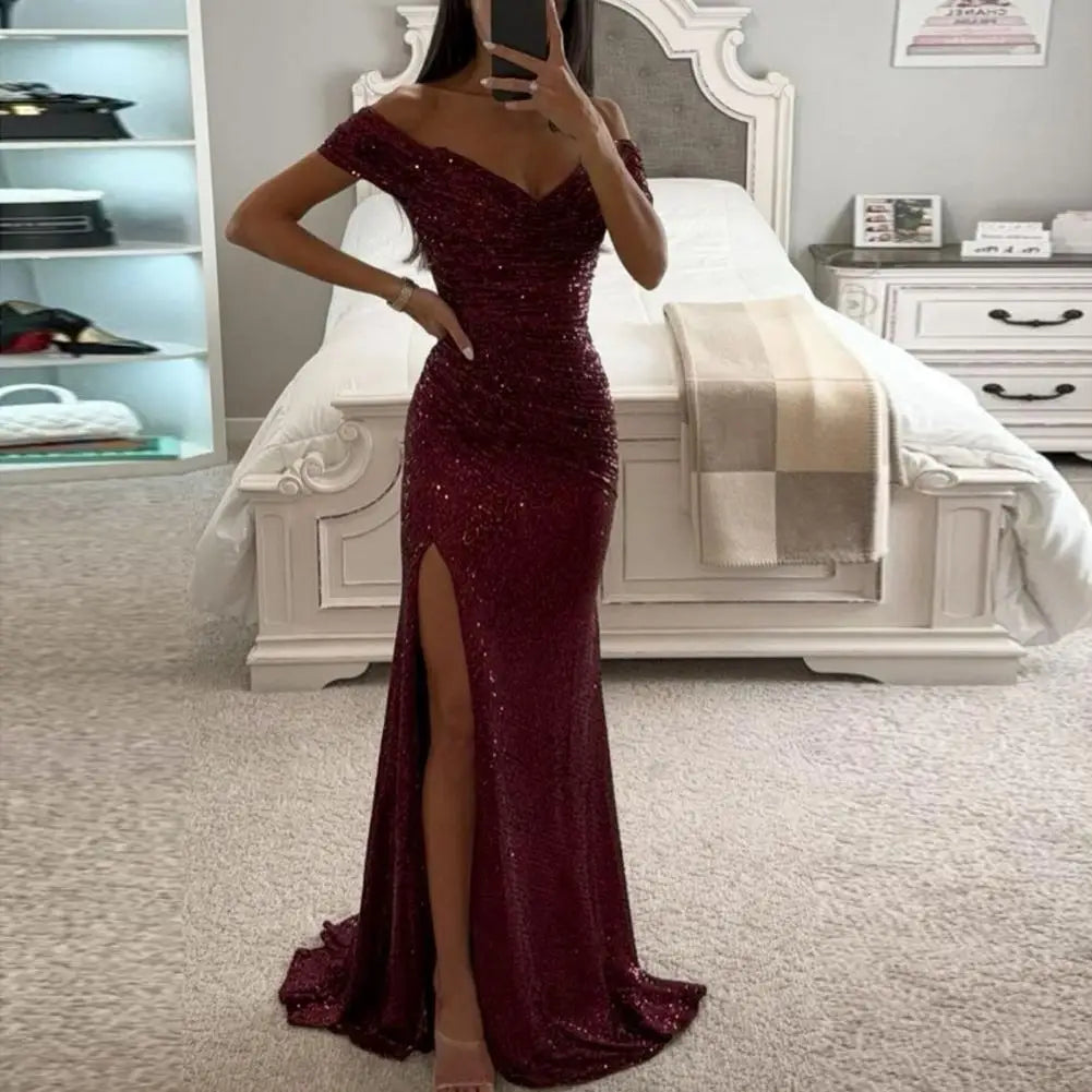 Evening Party Prom Dress Elegant V-Neck Off Shoulder Dress Sequin Pleated Short Sleeve Waist Tight Slim Sexy Split Long Dress