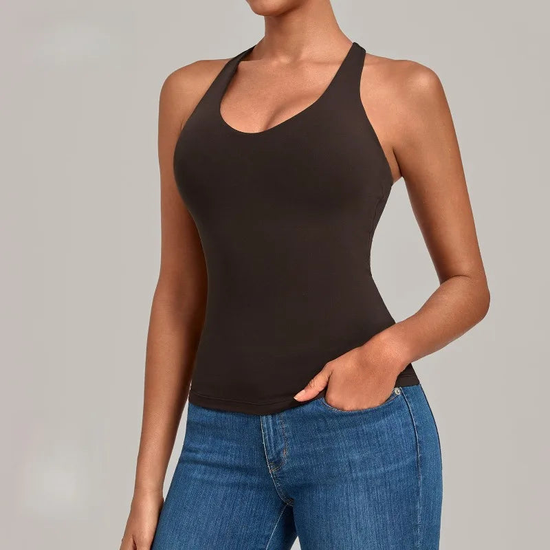 Women's Seamless Yoga Vest Sports Fitness Gym Slim Fit Top Nude Beauty Back Training Running Workout Vest