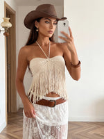 Women Tassel Hem Tank Tops Halter Open Back Sleeveless Shirts Summer Crochet Knit Crop Vest for Vacation Beach