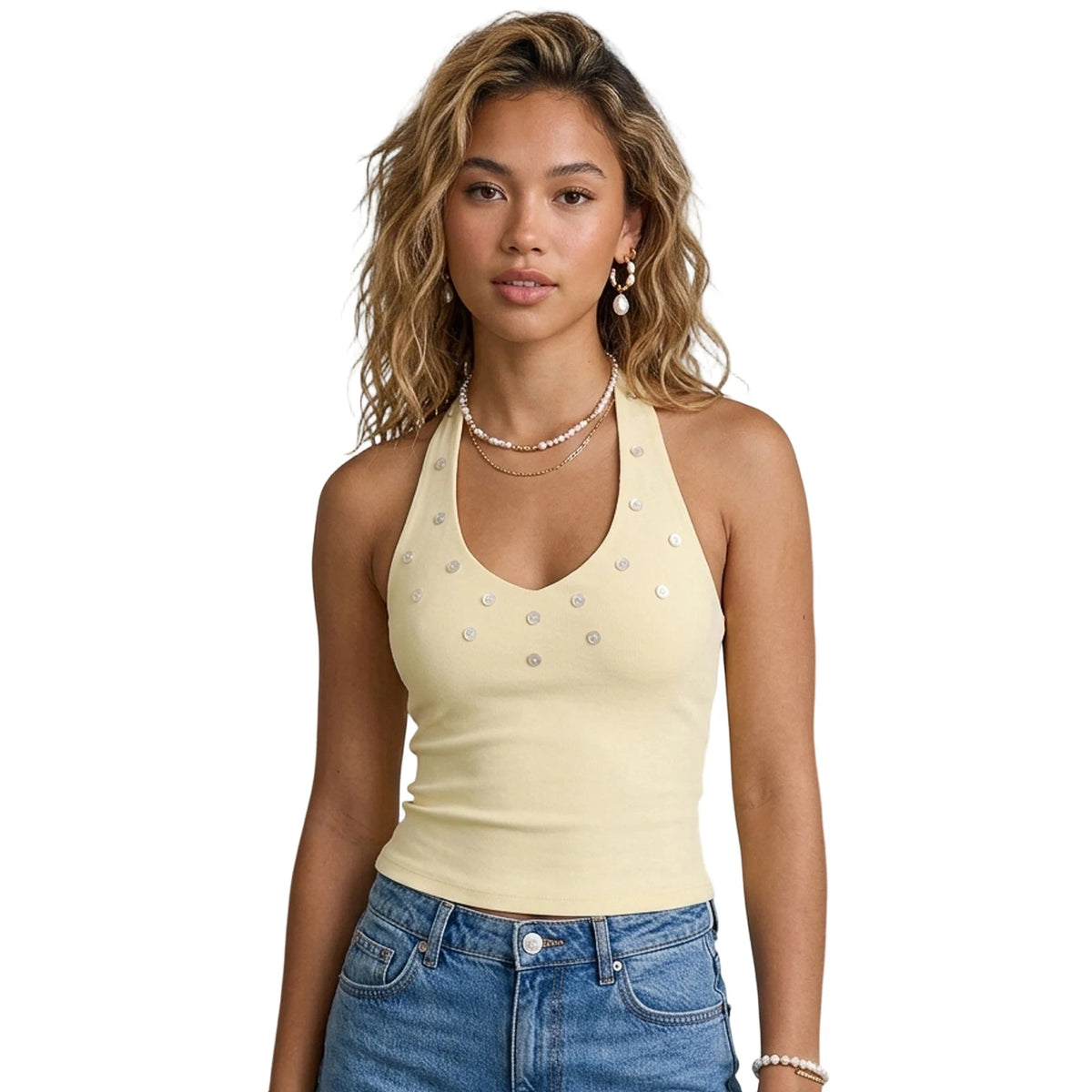 Women's Summer Halter Neck Tops Button Front Decor Sleeveless Tank Backless Slim Fit Summer Vest