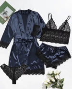 4pcs Women Striped Lingerie Set Lace Trim Robe Camisole Shorts Panties Nightwear Sleepwear Homewear Sexy Pajamas Outfit