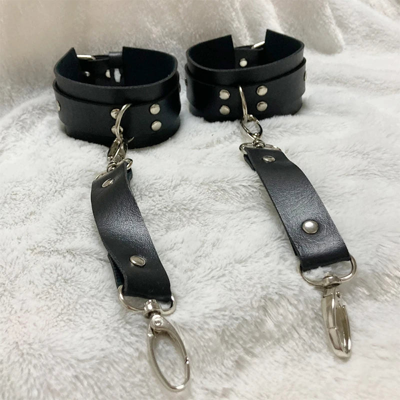 Erotic Adult PU Leather Harness Lingerie Bondage Gear Adjustable Handcuffs Ankle Cuffs OpenLeg Restraint SM Sexbodysuit Sex Shop