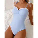 S - XL New Sexy Striped Frilled Strappy Women Swimwear One Piece Swimsuit Female Monokini Padded Bather Bathing Suit Swim V6949