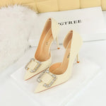 BIGTREE Pumps Elegant Pointed Crystal Buckle Slim High Heel Single Shoes Women Silk Spring/Summer High Heel Pumps Wedding Dress