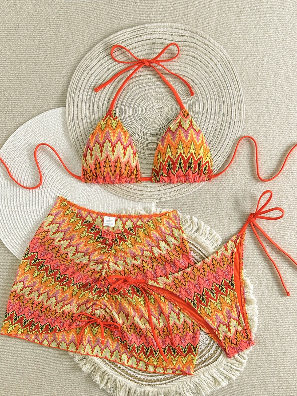Sexy Drawstring Side Skirt 3 Piece Bikini Set Women Orange Striped Embroidered Print Swimwear High Waist Bathing Suit Swimsuit