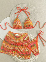 Sexy Drawstring Side Skirt 3 Piece Bikini Set Women Orange Striped Embroidered Print Swimwear High Waist Bathing Suit Swimsuit