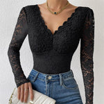 Sexy White Lace Bodysuit Women Solid Color Long Sleeve Sheer Corset Top Autumn Ruffles V Neck See Thourgh Slim Fit Jumpsuit