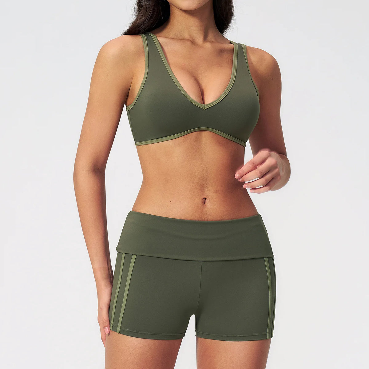 Tight Color Contrast Yoga Suit 2 Pieces Women V Neck Sports Bra Pleate High Waist Shorts Gym Running Fitness Suits Tracksuit