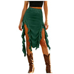 Women Western Boho Midi Skirt High Waist Ruffled Asymmetrical Hem Slit Flowy Summer Skirts Casual Cowgirl Style Streetwear Y2k