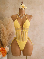 DEKA Sexy Yellow Triangle Bikini Set Women Halter Mesh Stone Swimwear Bandage Cross Crop Top Two Piece Swimsuit Beach Bathing Su
