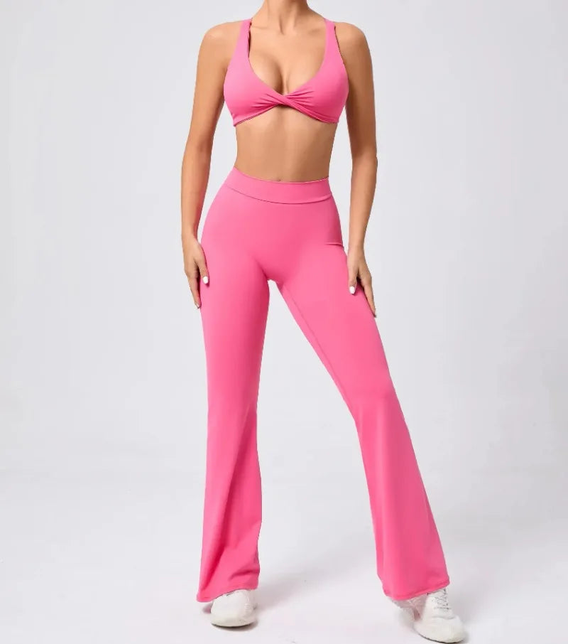 Women's Seamless Yoga Sets Brushed Fabric Flared Hip-Lifting Pants Cross Beauty Back Bra Suits Gym Workout Fitness Training Sets