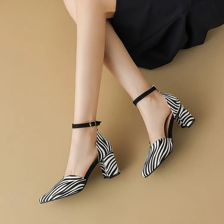Zebra Leopard Animal Print Pointed Closed Toe Block High Heels Lady Mature Summer Shoes V-cut Designer Women Dress Pumps Sandals