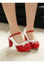 Plus Size Crossed Thin Ribbon Bow Shallow High-Heeled Shoes Patent Leather Splicing White PU Sweet Lolita Style Pumps