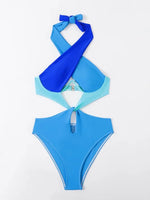 Sexy Constrast Color Swimwear Women Halter Cross Underwire Cut Out One Piece Swimsuit Bathing Suit Hot Pink Patchwork Bikini