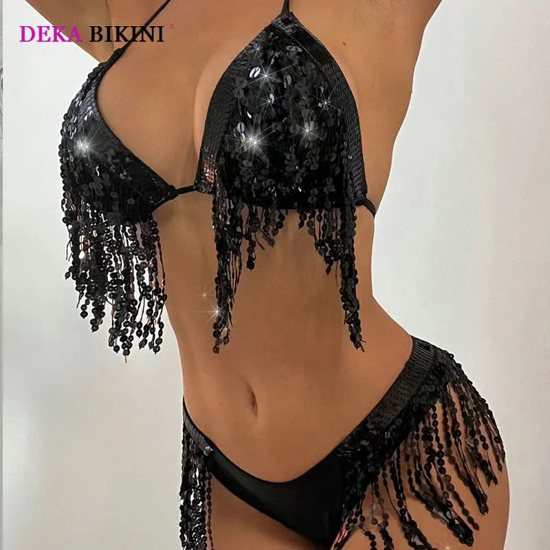 DEKA Women Shiny Glitter Tassel Bikini Set Wrapped Brazilian Black Swimsuit Halter Female Swimwear Push Up Swimming Bathing Suit