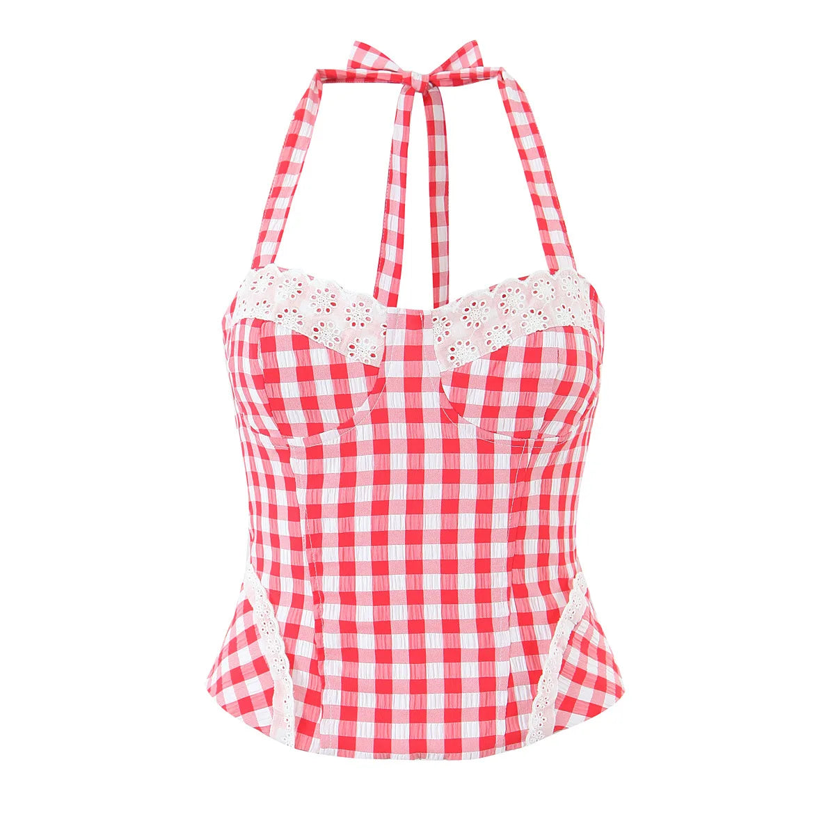 Early Spring New French Style Sexy Sweet Lace Patchwork Slim Fit Halter Neck Tie Plaid Strap For Woman Cute Pure Desire DW8V