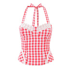 Early Spring New French Style Sexy Sweet Lace Patchwork Slim Fit Halter Neck Tie Plaid Strap For Woman Cute Pure Desire DW8V