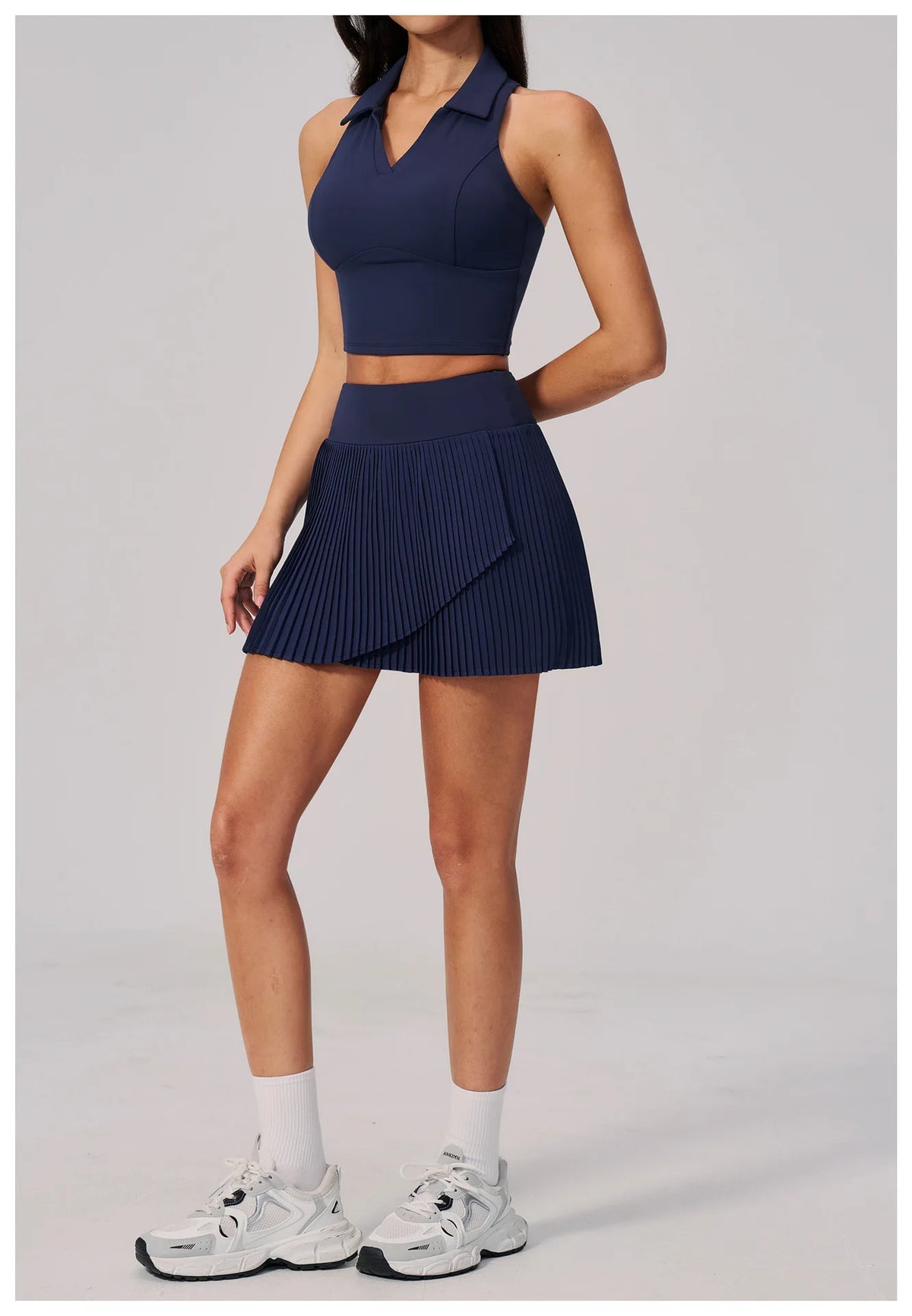 Women's Tracksuit Yoga Set 2 Pieces High Waist Pleate Pocket Skort Fitness Suit Turn Down Collar V Neck Slim Tank Top Sporstwear