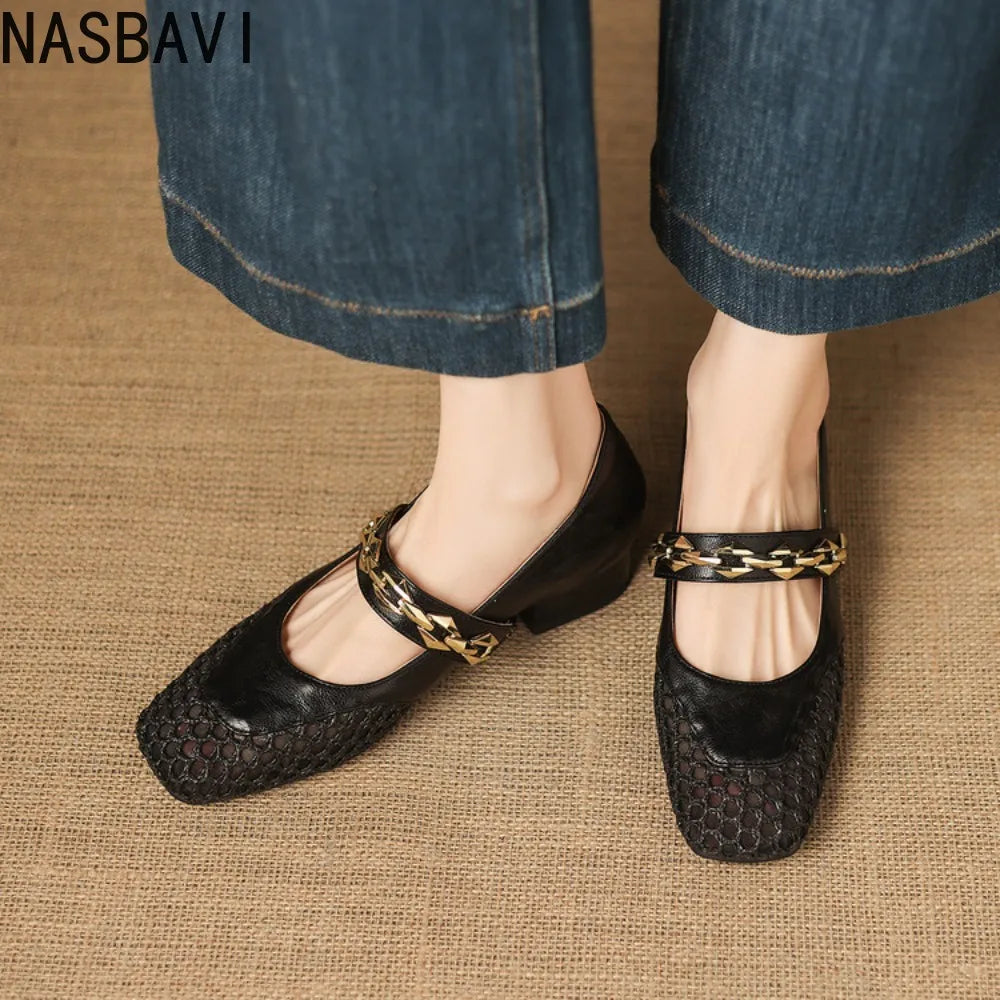 Summer Retro Style Women Mary Jane Shoes Fashion Shallow Ladies Square Soft Hollow Out Flats Sandals Shoes New 2026 Size 32-43