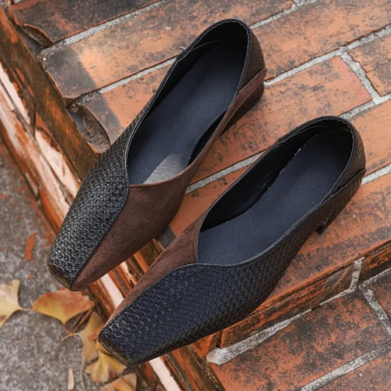 New Women's Shoes Fashion Square Toe Shallow Mouth Splice Slip-on Square Heel Single Shoes