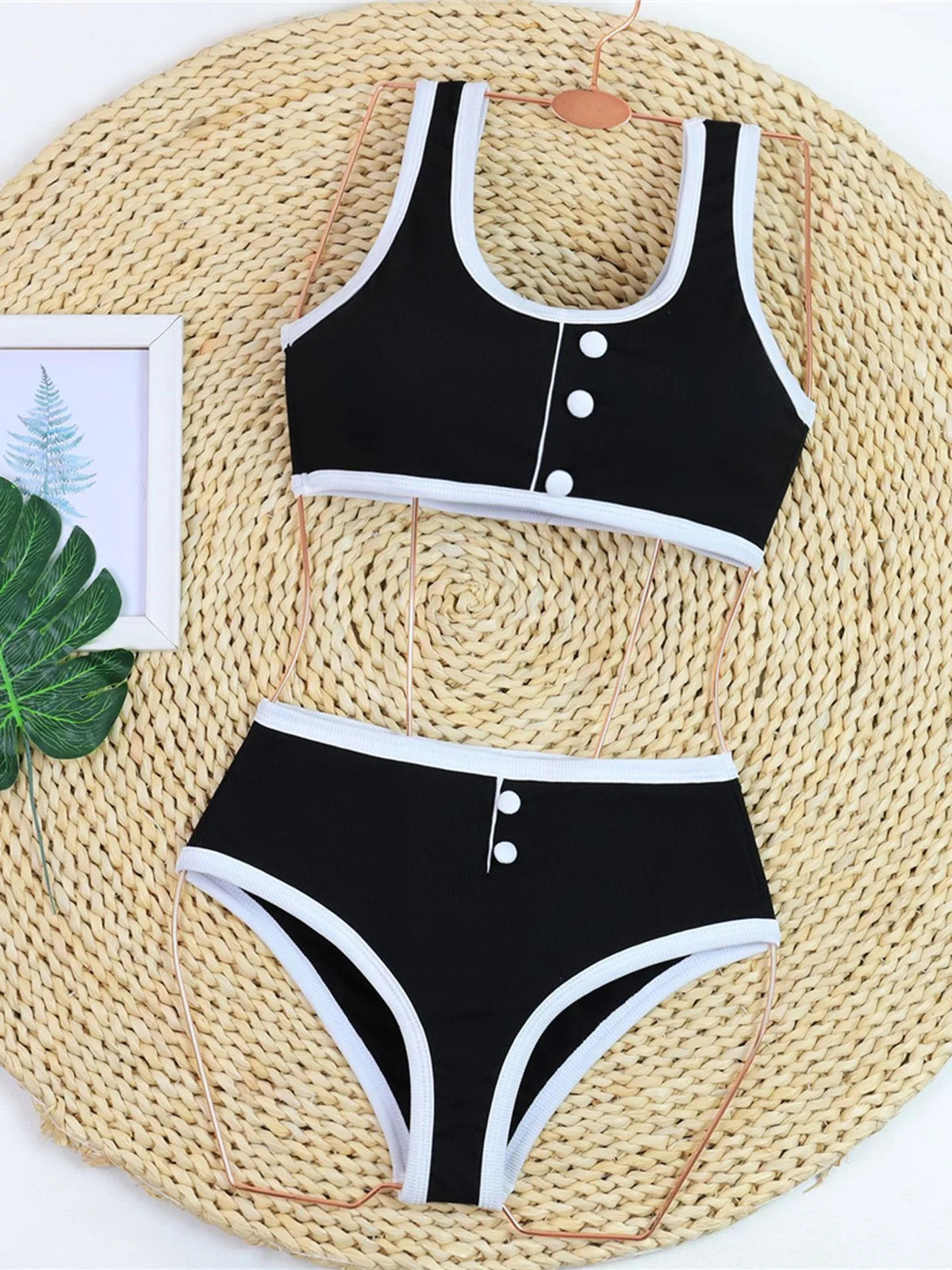2026 New With Button Mid Waist Bikini Female Swimsuit Women Swimwear Two-Pieces Bikini Set Padded Bather Bathing Suit Swim V8315