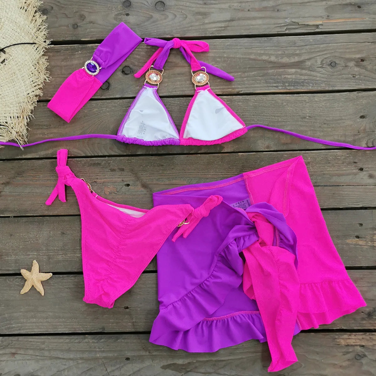 Sexy Skirt 4 Pieces Bikini Set Women Luxury Blue Patchwork Rhinestone Push Up Cover Up Swimsuit 2024 Beach Bathing Suit Swimwear