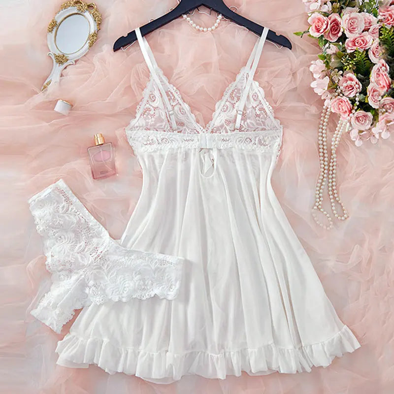 1 Set Of T-Back Nightgown For Women Plus-size Sexy Accessories Transparent Lingerie Night Dress Low-rise White Female Underwear