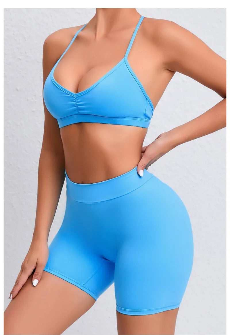 Women's 2-Piece Yoga Sets High Waist Seamless ShortsHip-Lifting & Backless Gym Leggings Quick Dry Workout Fitness Suits