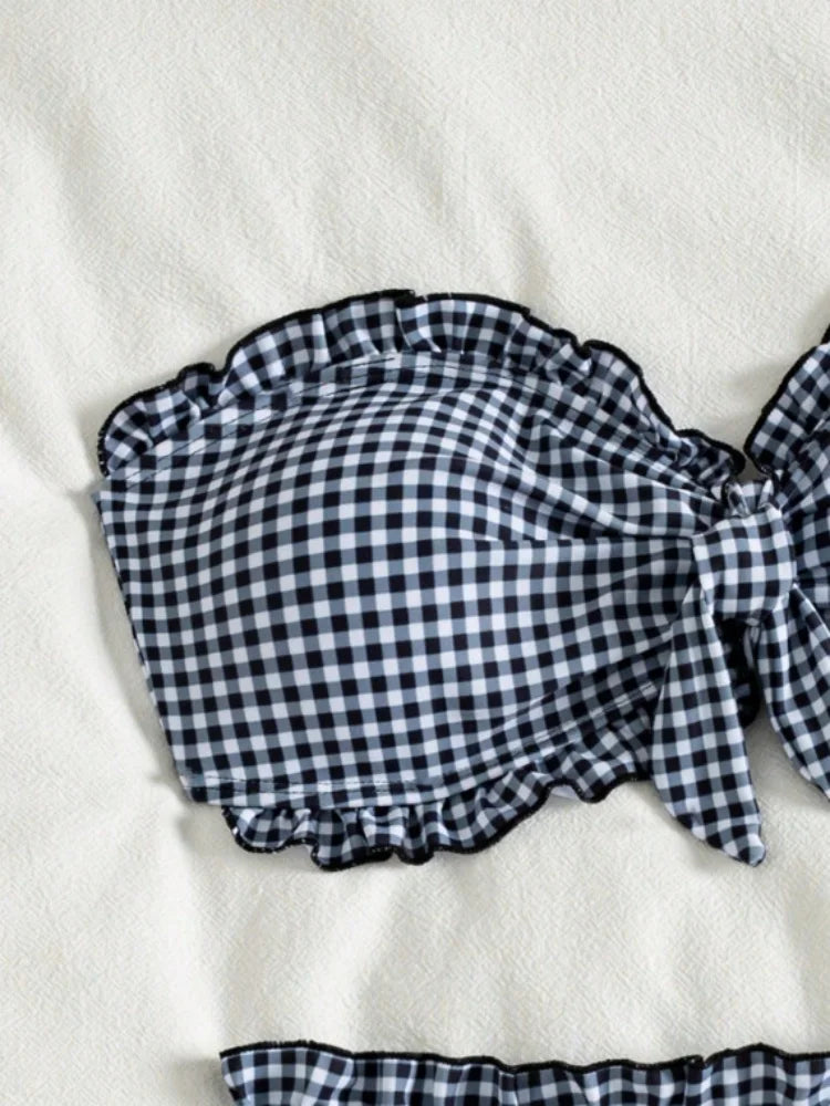 Vintage Coffee Plaid Print Bikini Set Women Bandeau Front Tie Push Up Bra High Waist Swimwear 2026 Beach Bathing Suit Swimsuit