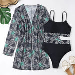 2025 Three Pieces Bikini Set Cover Up Swimwear Women Swimsuit Print Long Sleeve Push Up Bathing Suit Beachwear Swimming Biquini