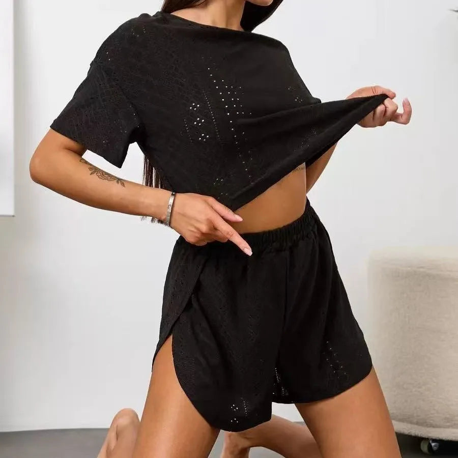 Women Pajamas Set Women's Short Sleeve Shorts Jacquard Print Summer Fashion Two-piece Pajamas Homewear Set Loungewear for Women