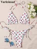XS - L Cherry Printed Halter Strappy Bikini Female Swimsuit Women Swimwear Two-Pieces Bikini Set Bather Bathing Suit Swim V4894