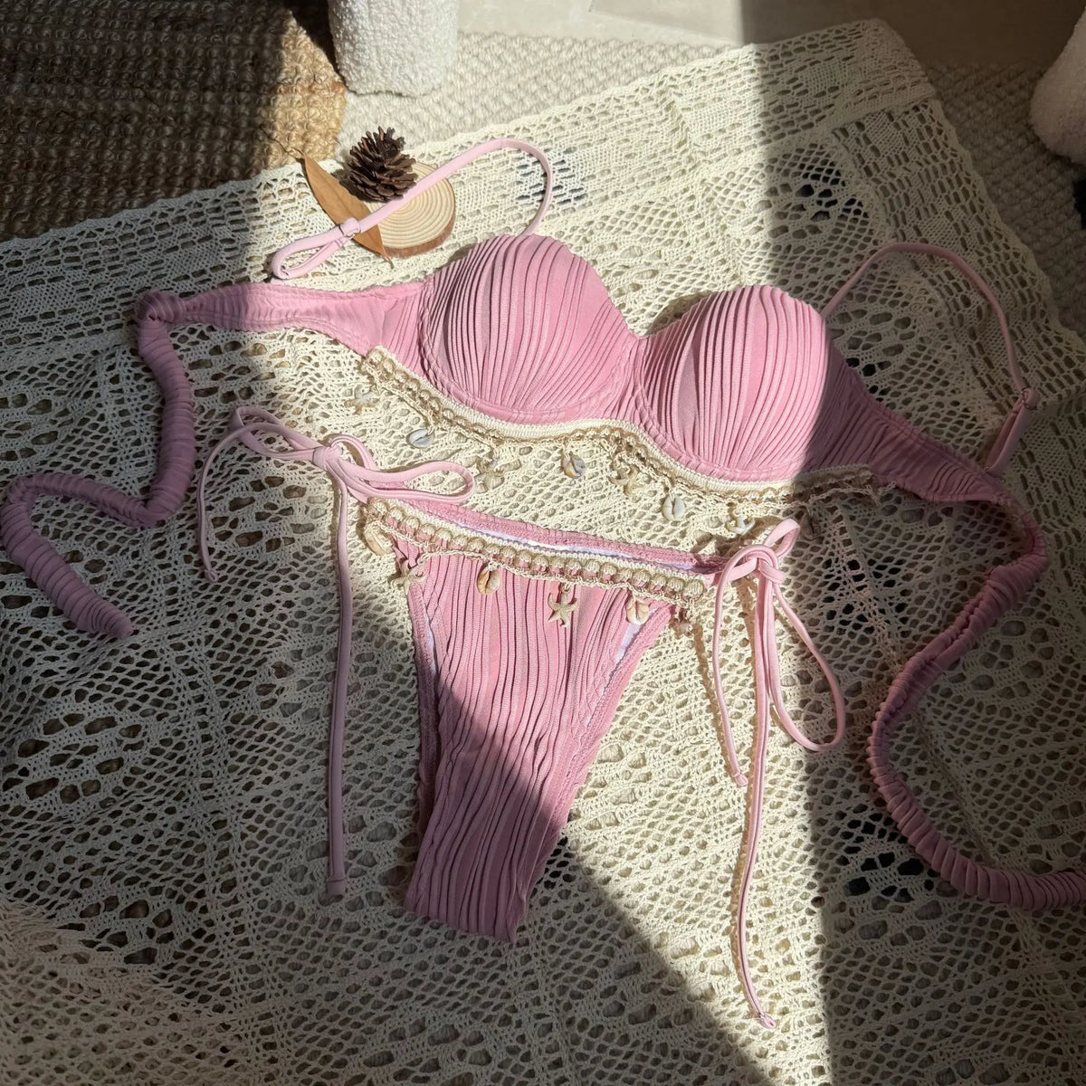 Sexy Shell Bikinis Sets Women White Ruffles Starfish Ornament Push Up Underwire Thong Swimsuit 2025 Beach Bathing Suit Swimwear