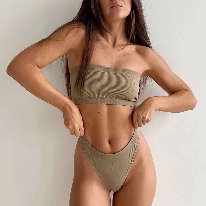 Women Strapless Bra And Panties Set Bandeau Bra High Waist Thong Seamless Underwear Sexy Tube Bra Female Sexy Lingerie Set M-XL