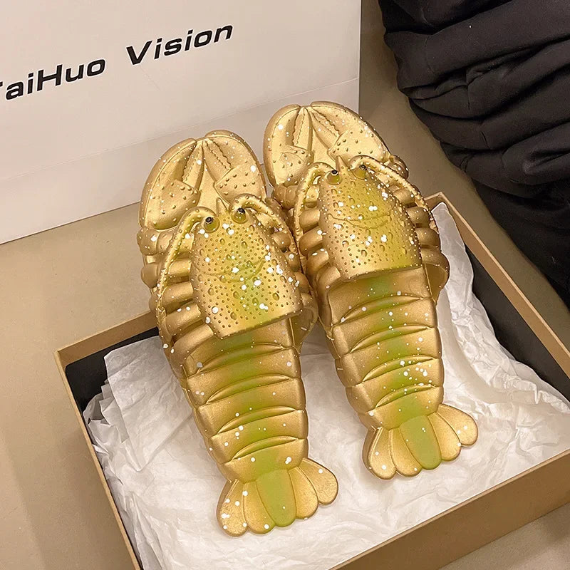 2025 New Metal Color Funny Lobster Slippers For Women Men Summer Shoes Anti-slip Cute Cartoon Couples Indoor Beach Slides