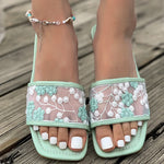 Retro Embroider Low Heel Slippers Women Summer Square Toe Slip On Slides Woman New Anti-Slip Beach Pu Leather Slippers Mujer