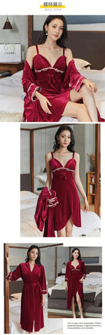 Gold velvet pajamas, autumn and winter sexy suspender nightgown, nightgown set with chest pad, large size home clothes