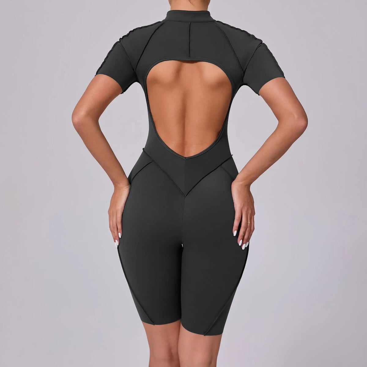 Summer Zipper Short Sleeve Yoga Jumpsuit Women Outerwear Sports Fitness Hip-lifting Backless One-piece Workout Gym Tracksutis