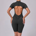 Summer Zipper Short Sleeve Yoga Jumpsuit Women Outerwear Sports Fitness Hip-lifting Backless One-piece Workout Gym Tracksutis