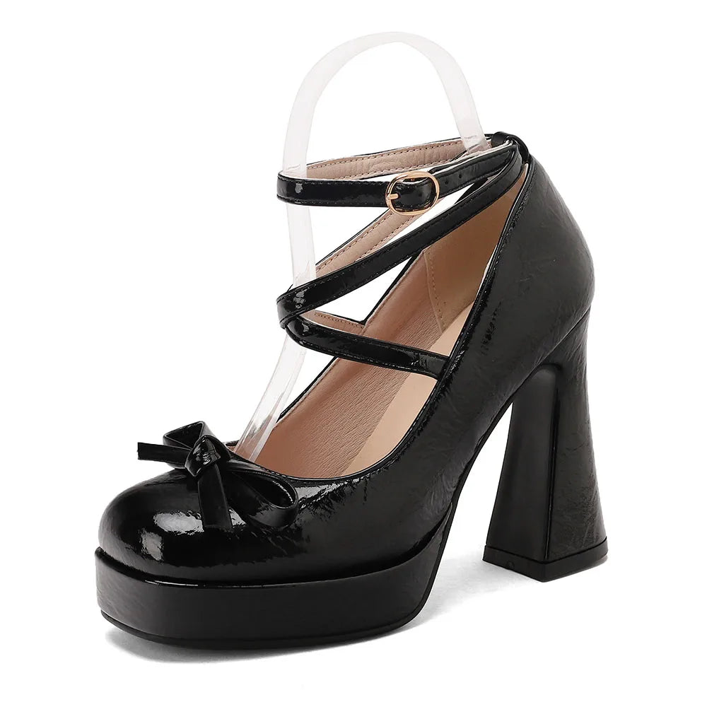 Big Size 45 Women's Sweet Pink Mary Jane 10.5cm High Heels Pumps Lolita Round Toe Bow Cross-Strap Platform Chunky Heel Shoes